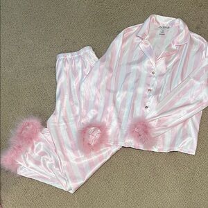 Pink Striped Satin Pajama Set with Feather Trim